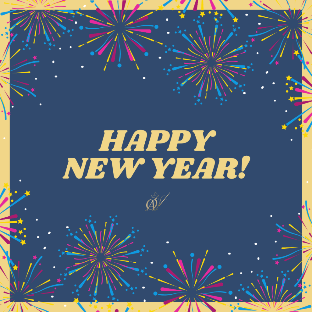 Happy New Year is written in yellow, surrounded by multicolored fireworks.