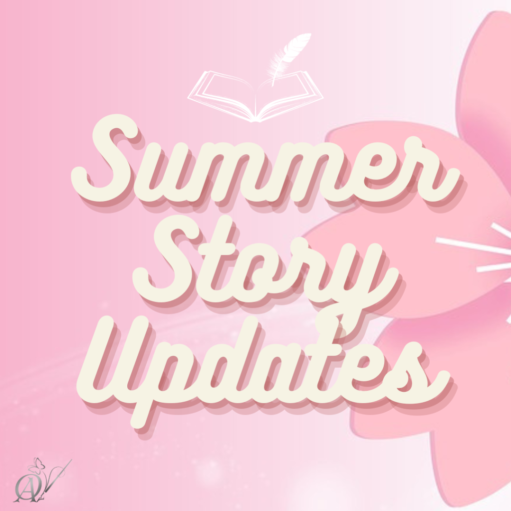 Summer Story Updates is written in white against a pink background. Above the words is an open book and a quill. A pink flower is on the right side.