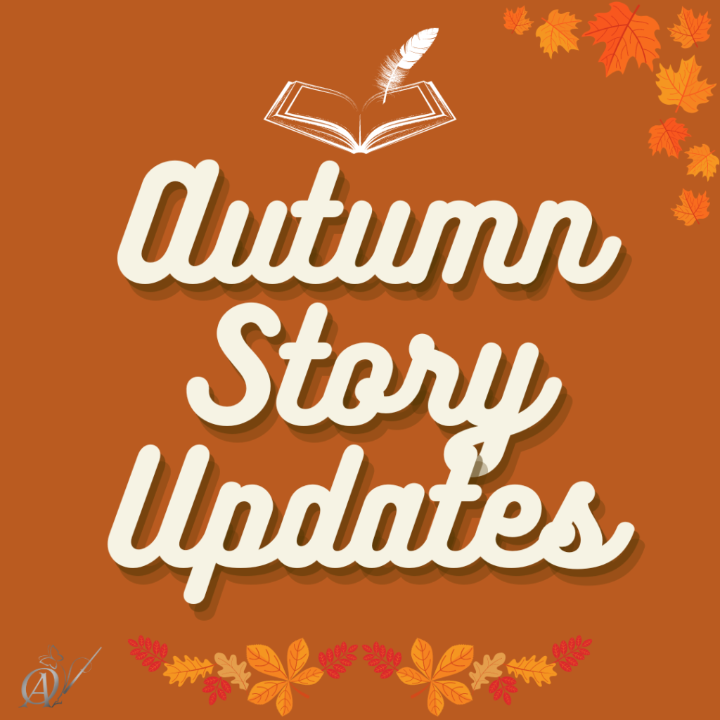 Autumn Story Updates is written in white against a dark orange background. Orange and yellow leaves are on the top right side of the image and at the bottom center of the image.