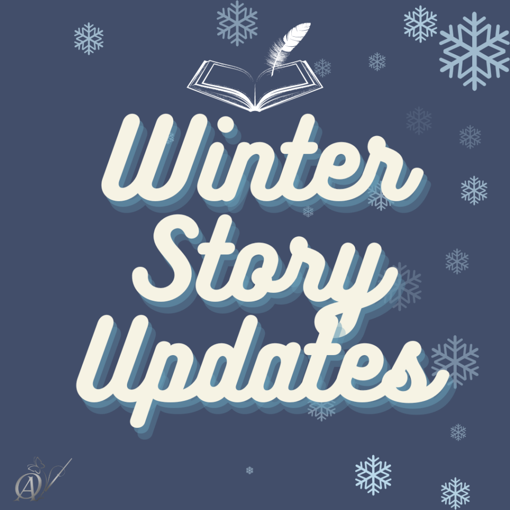 Winter Story Updates is written in white, against a blue background. Above the words is an open book and a quill. The words are surrounded by snowflakes.