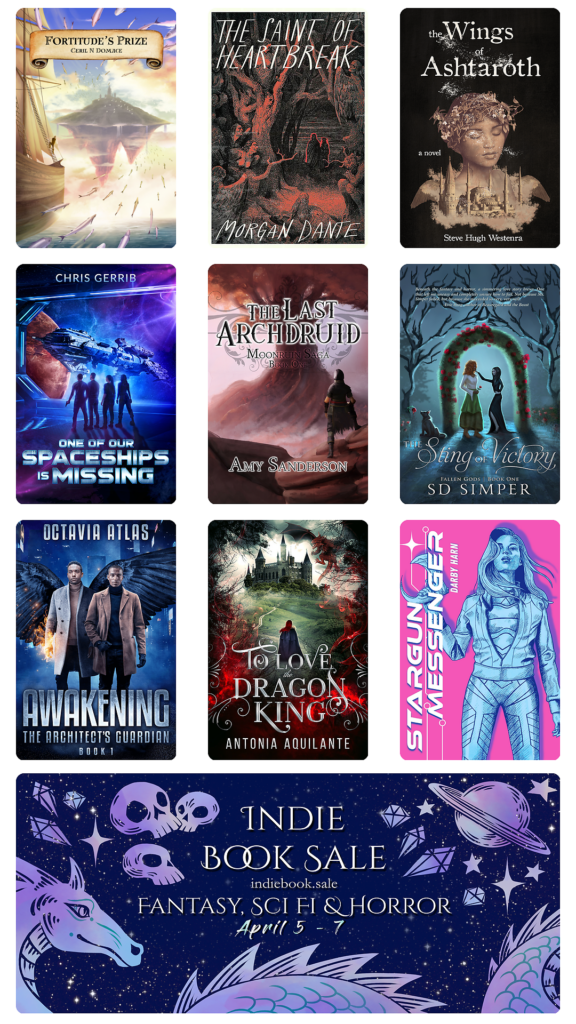 A selection of nine covers from books in the April 2025 Indie Book Sale, including the book cover for Awakening by Octavia Atlas.